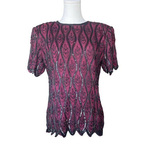 VTG Stenay Silk Beaded Sequin Top M Blouse Evening Disco Semi Formal Artsy - Picture 1 of 9